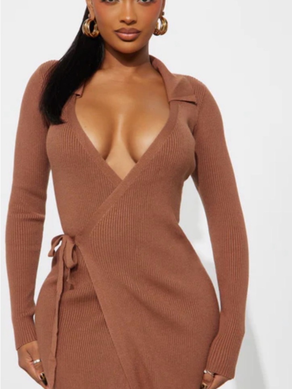 Fashion Nova Peyton Sweater Wrap Maxi Dress - Mocha Size 1X - Picture 2 of 5